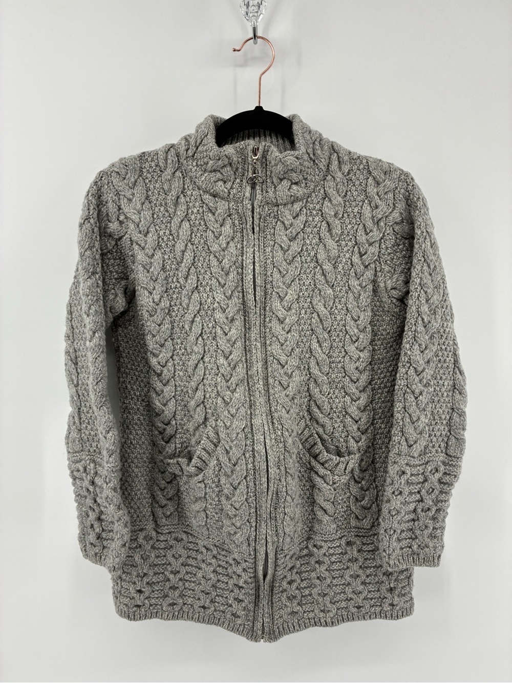 Aran Mor 100% Merino Wool Women's Gray Cable Knit Full Zip Cardigan